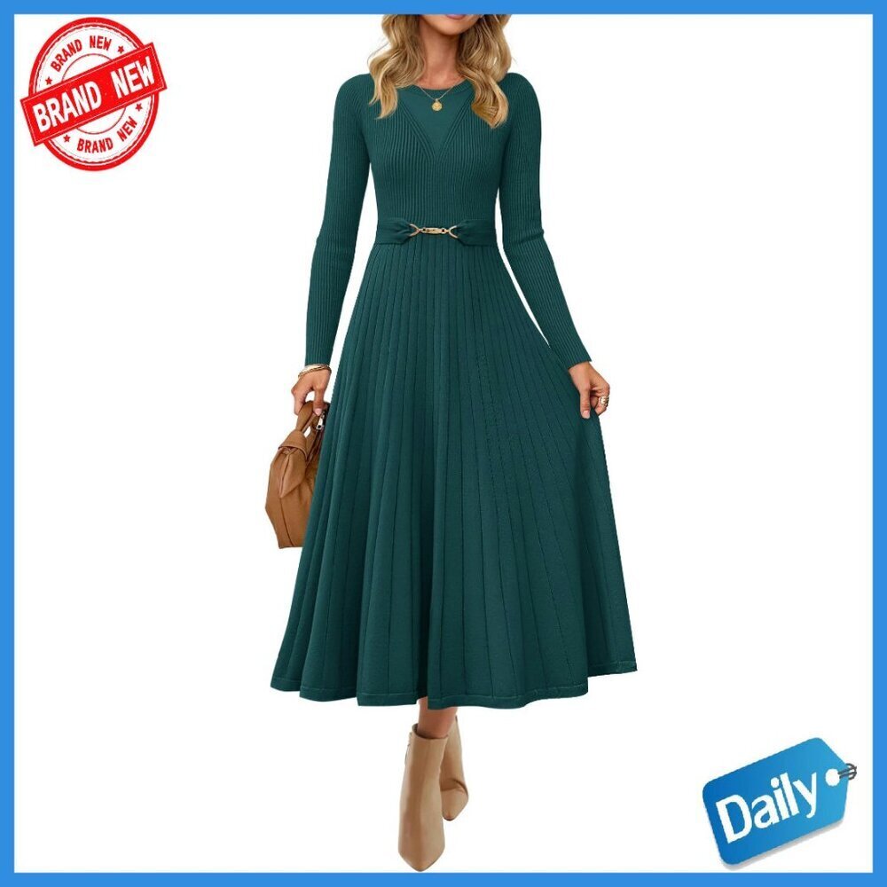 Long Sleeve Midi Sweater Dress with Belt, Crewneck Knit A-Line